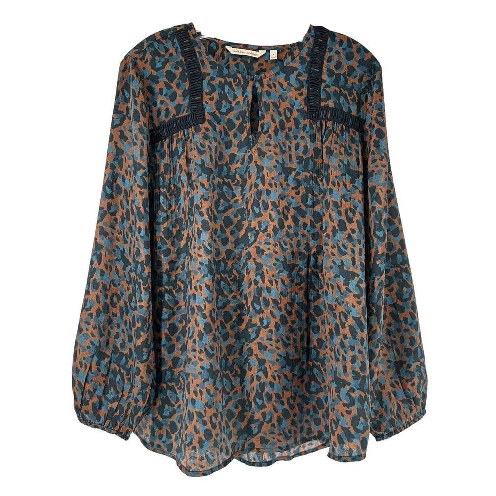Soft Surroundings Gianna Copper Teal Animal Print Top Long Sleeve Size L Silky